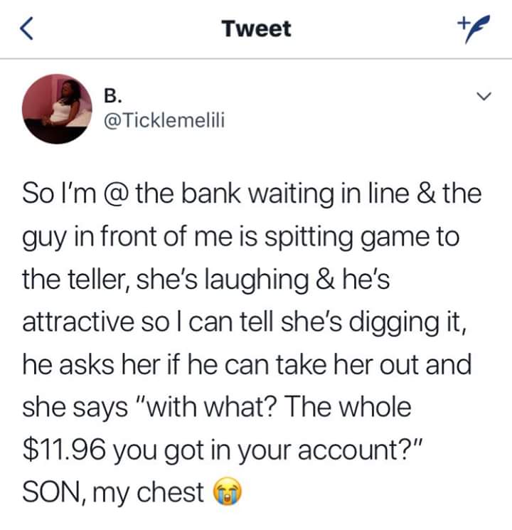Maaan if i knew i was broke I'd have the person behind me skip ahead to her lane😂😂😂😂 https://t.co/nILS0a3hRG