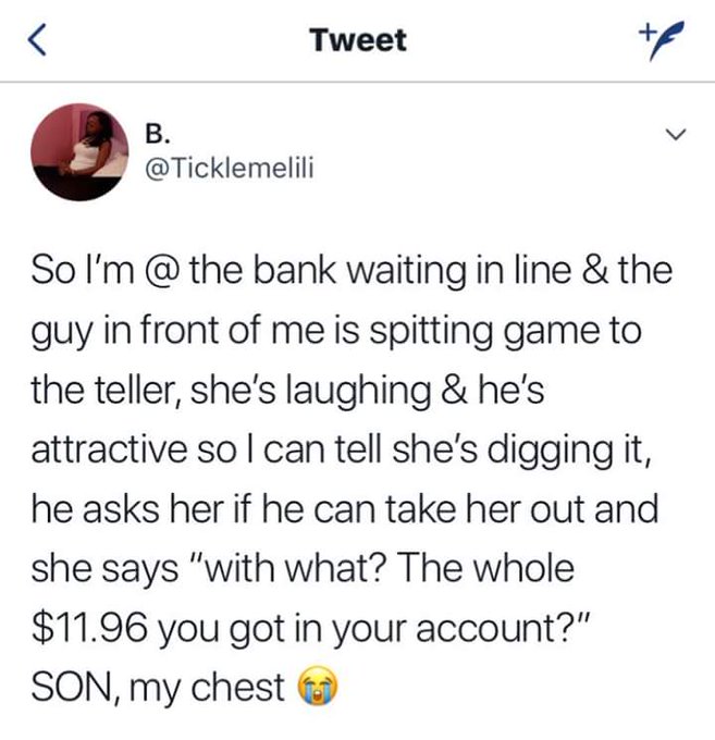 Maaan if i knew i was broke I'd have the person behind me skip ahead to her lane😂😂😂😂 https://t.co/nI<a href="/tag/breastcancerawareness"class="tags"><span>#breastcancerawareness</span></a><a href="/tag/happynobraday"class="tags"><span>#happynobraday</span></a><a href="/tag/boobto"class="tags"><span>#boobto</span></a>