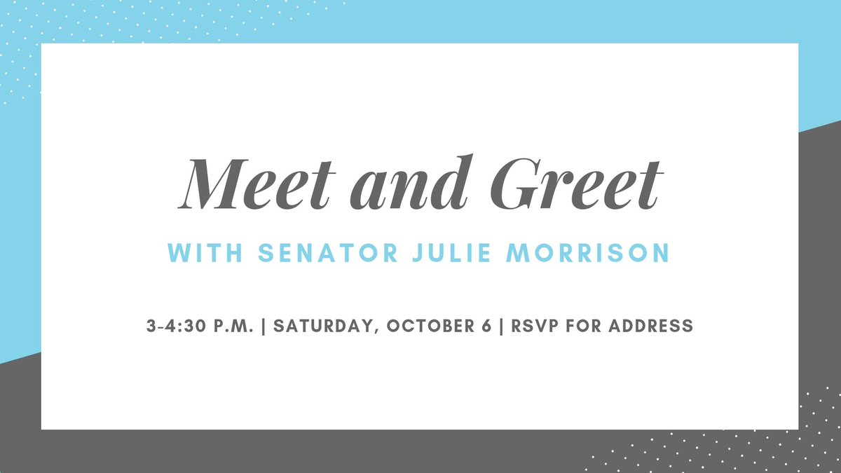 JulieForSenate's tweet photo. Stop by our meet and greet tomorrow with State Senator Julie Morrison, hosted by Michelle Zenner Kohler! (Address given upon RSVP)

RSVP here: https://t.co/fRNjth6G6Q https://t.co/E4YWauWT9S