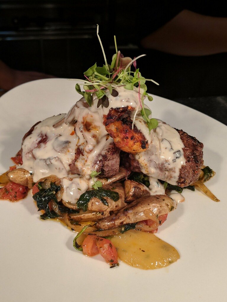 _StoneCreek's tweet photo. Our special this evening is 2 steak medallions topped with 2 blackened grilled shrimp with a Marsala sauce over a fingerling hash for $32 https://t.co/OaNh8iI8xz
