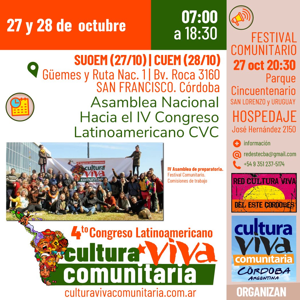 cvcomunitaria's tweet photo. #ARG Asamblea hacia el IV #CongresoCVC #Argentina2019 🗓️27 y 28 de Octubre en #SanFrancisco #Cordoba https://t.co/0nXMjlNbqL https://t.co/XluSOUBj1B