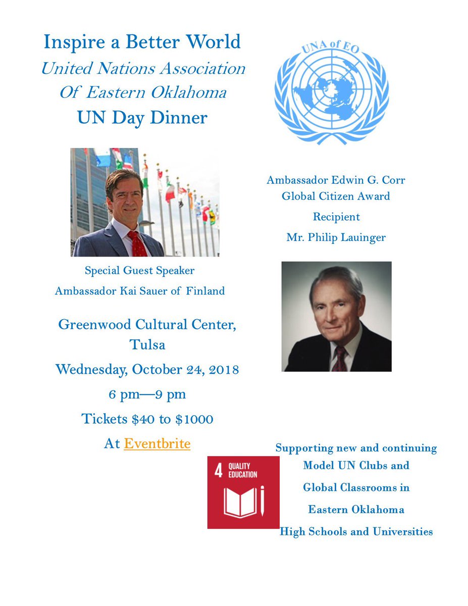 UNAofEO's tweet photo. The United Nations Association of Eastern Oklahoma UN Day Dinner will be October 24th at 6 pm with Special Guest Speaker Ambassador Kai Sauer of Finland to the United Nations. Tickets are available on Eventbrite at https://t.co/6Ay2sCEHPb

@sauerka @FinlandUN https://t.co/ZGbx38fIjw