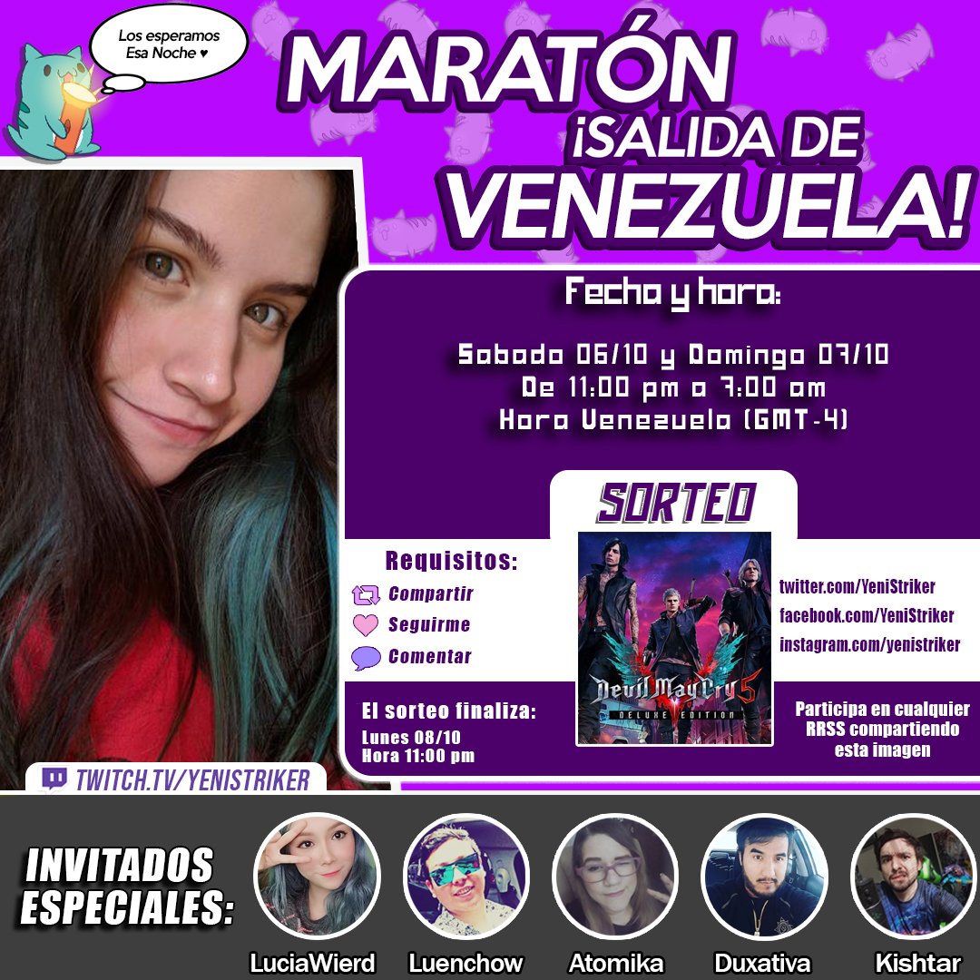 YeniStriker's tweet image. 🐙📣 Estare haciendo una Maraton para recaudar fondos para salir de Venezuela en Twitch.tv/YeniStriker 🇻🇪💞🌟

💖Me ayuda mucho que compartas esta imagen.

🌈Ademas de ayudarme estaras participando por DMC 5

🎁 #SORTEO Sigue los Requisitos para participar por un #DevilMayCry5