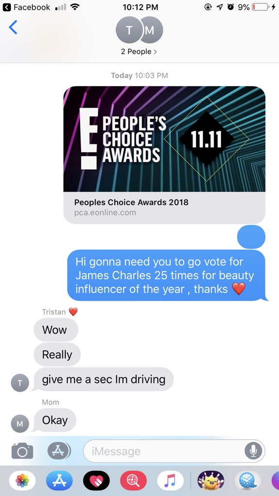xoceara's tweet photo. I have the best mom &amp; boyfriend ever. Got them to vote James Charles for beauty influencer of the year #sisterhood https://t.co/8ShHB1zUgK