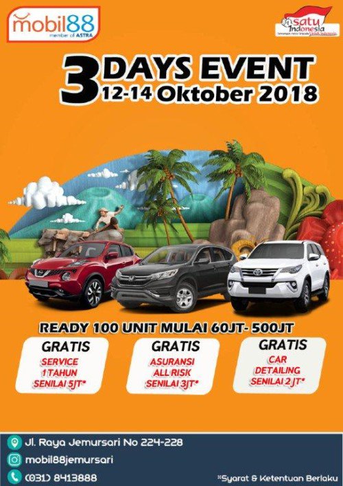 eventsurabaya's tweet photo. Event mobil bekas mobil88 hadir lagi! 150 unit siap pakai dengan harga mulai 60-500jt! | 12 -14 Okt 2018 | di mobil88 Jemursari | Segera datang dan pilih sebelum stock berkurang, hubungi di Jl. Jemursari 224-225 : 031-8413888 https://t.co/ecogQFbtAG