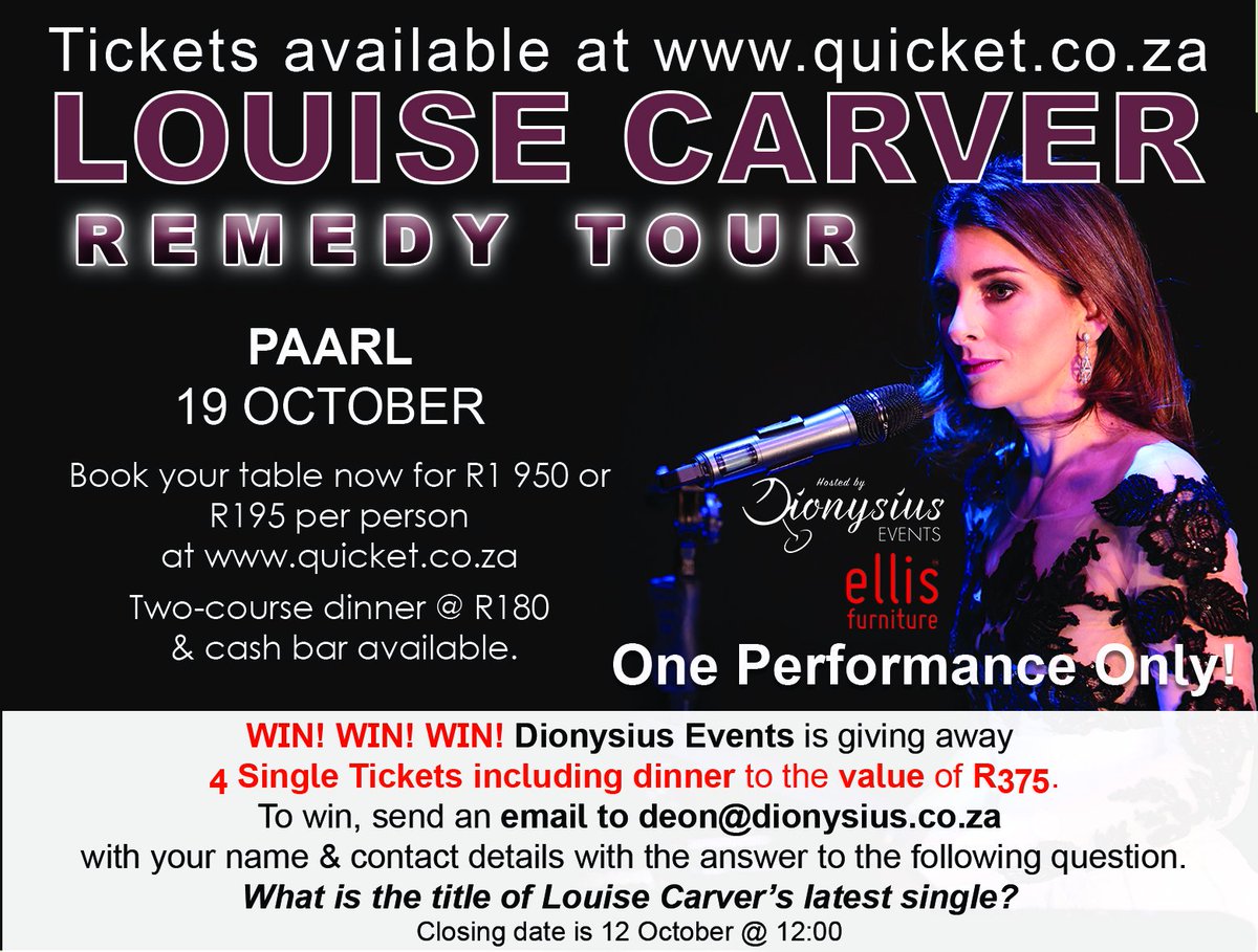 Tickets are on sale for LOUISE CARVER LIVE AT ASHANTI ESTATE PAARL on louisecarver.com or quicket.co.za or dionysius.co.za