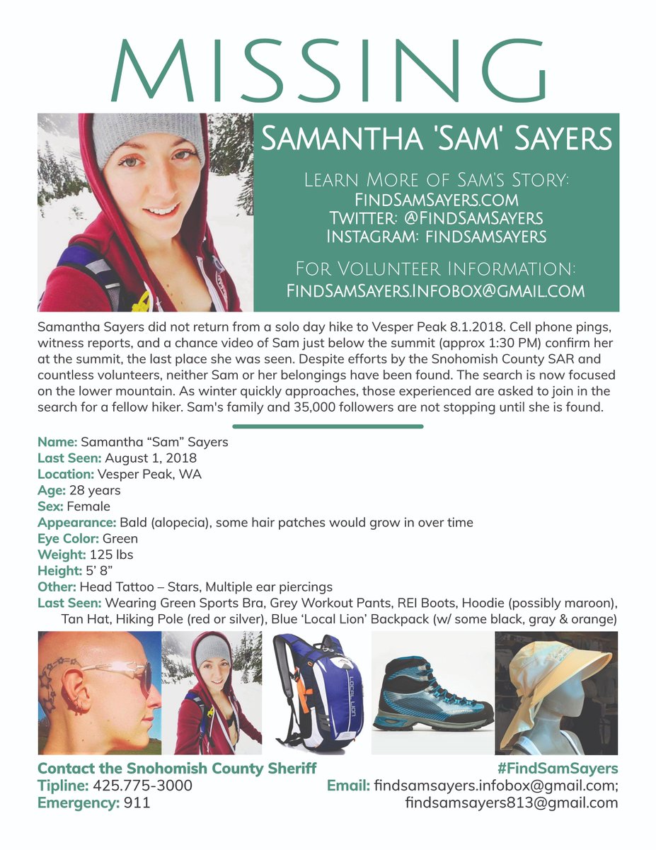 @DatelineNBC The search to @FindSamSayers is the largest in Snohomish Co history and one of the largest in WA State history. The search continues by volunteers and over 35,000 followers of Samantha Sayers, who did not return from a hike to Vesper Peak 8/1/18 #findsamsayers #missinghiker