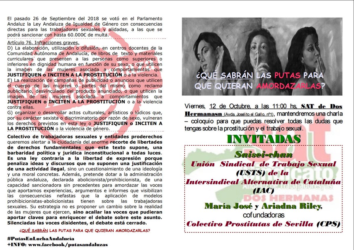 CPSproderechos's tweet photo. El día 12 estaremos en el @Sat_DosHermanas contando como nos afecta la mordaza andaluza,quien son los cómplices de los club, que alternativa laboral nos ofrecen, la protección de las víctimas de trata, que ha hecho la izquierda por nosotras vulnerar derechos o dotarnos??? https://t.co/BFENOgHt8i