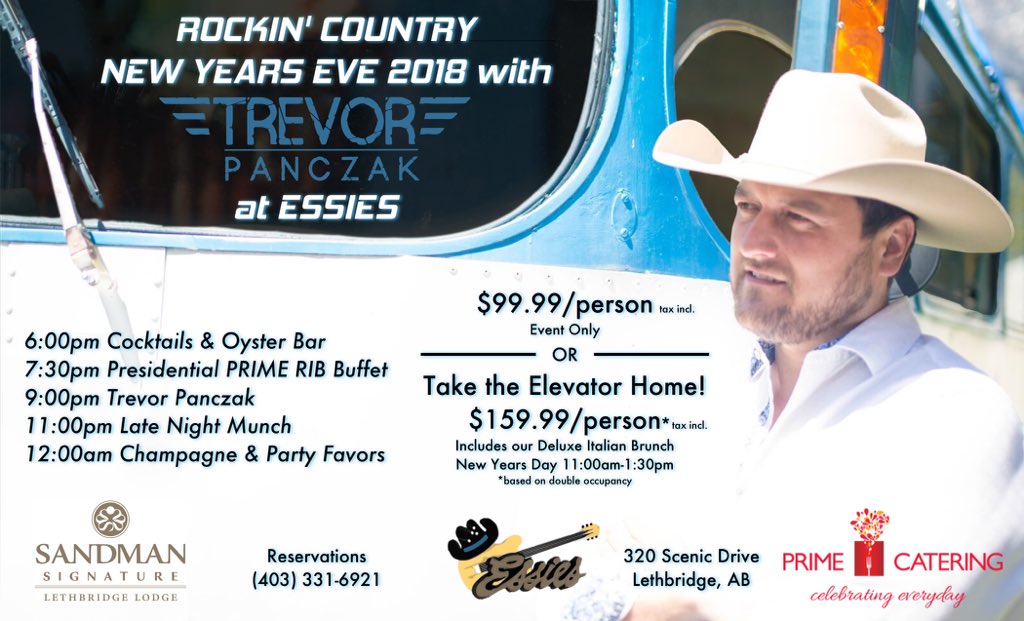 trevorpanczak's tweet image. NEW YEARS NEWS!! 
Esmeralda's - Sandman Signature Lethbridge Lodge in Lethbridge, AB.
limited room. Call Prime Catering at 403.331.6921 for tickets &amp;amp; reservations. A great rockin' country way to bring in the new year!
#nye2018 #trevorpanczak #acma #ccma #whereigotocomebacktour