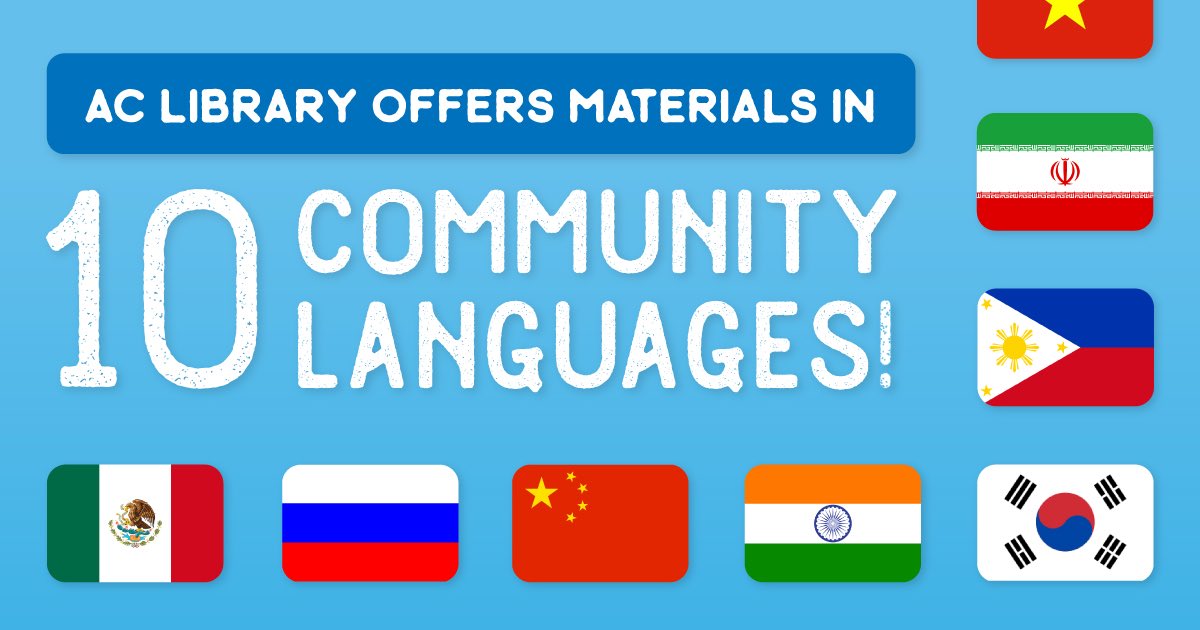 aclib's tweet image. Did you know? We offer library materials in 10 #CommunityLanguages! bit.ly/2O3k1aW 
#NationalDiversityDay #Diversity #Inclusion #Libraries #ACLibrary