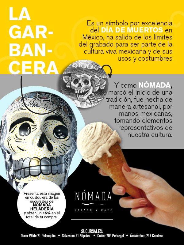 Presenta esta imagen en cualquiera de las sucursales de NÓMADA HELADERÍA y obtén un 15% de descuento en el total de tu compra de aquí al 30 noviembre