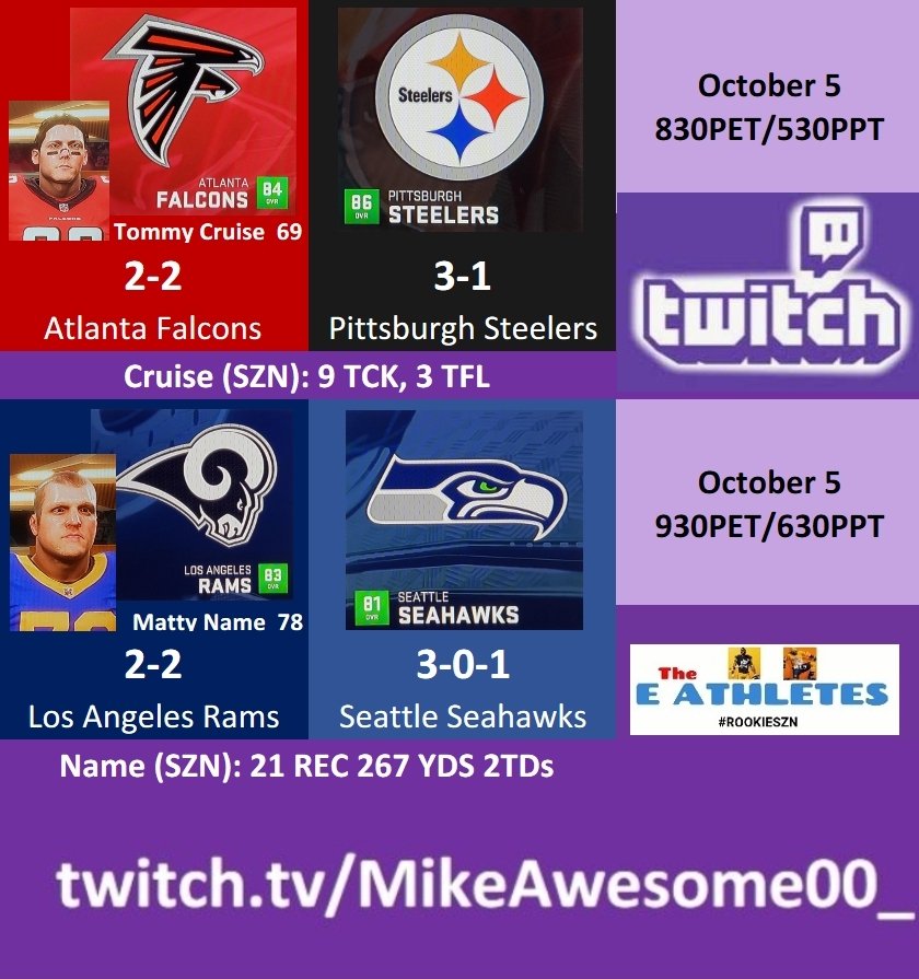 The_eAthletes's tweet photo. #TommyCruise just hanging out 10 Minutes before kickoff (830P ET) on
https://t.co/e5HkyXXNKR
#SupportSmallStreamers
Followed by #MattyName and the #Rams taking on the #Seahawks.
@SupStreamers
@TwitchTVOnline
@TwitchTVGaming
@NewbStreamTeam
@shoutgamers
@retweet_twitch https://t.co/7K6Zuo06WJ