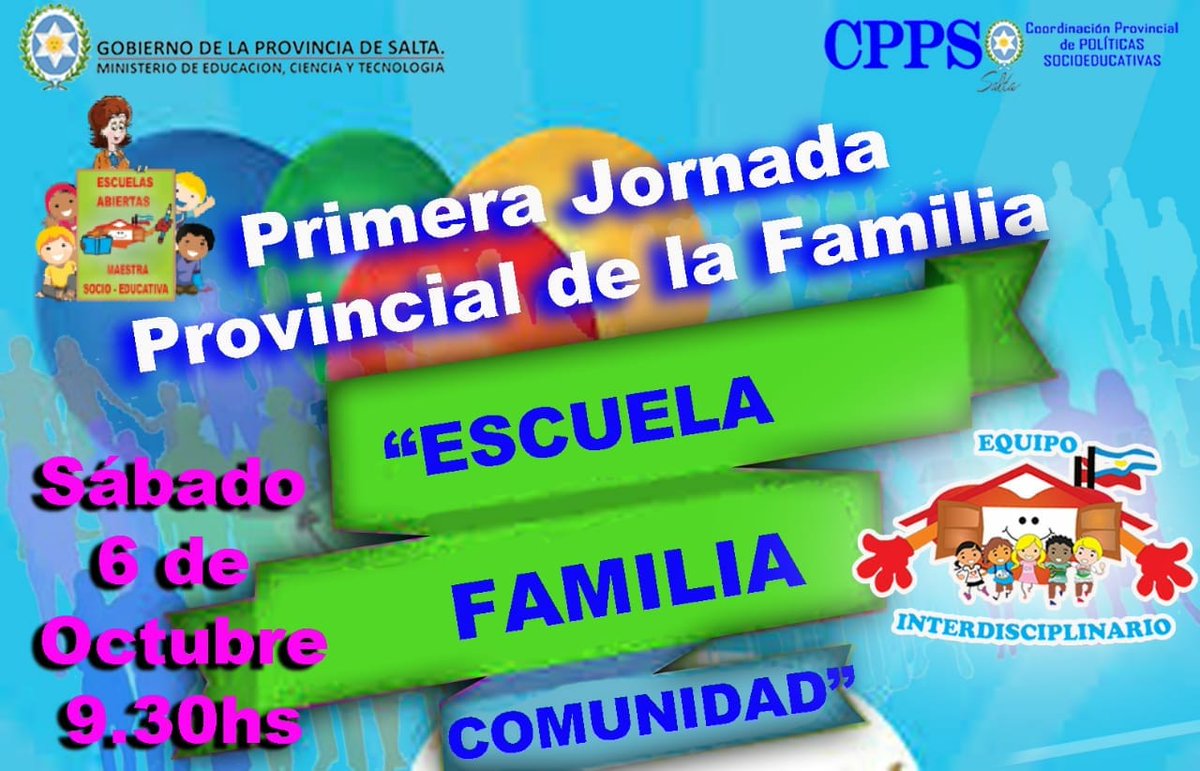 El sábado 06 la <a href="/EA_EvaPeron/">Escuela Abierta Eva Perón</a> vivirá la #JornadaDeLaFamiliaEnCPPS 
Somos un #equipo que cree que la #FamiliaEsElMejorLugarParaCrecer
<a href="/UrtubeyJM/">Juan Manuel Urtubey</a> <a href="/aniberruezo/">analia berruezo</a> <a href="/larubita70/">Rubita Bijou</a> <a href="/danilisanti/">Daniela Lisanti</a> <a href="/rubem_dario29/">ruben dario flores</a> <a href="/yoyballon/">Yoy Ballón</a> 
<a href="/fguillesaavedra/">GUILLERMO SAAVEDRA</a> <a href="/artydance23/">Gilda Rodríguez</a> <a href="/patriciapinasco/">Patricia Pinasco</a>  <a href="/fergrieco/">Fer</a>