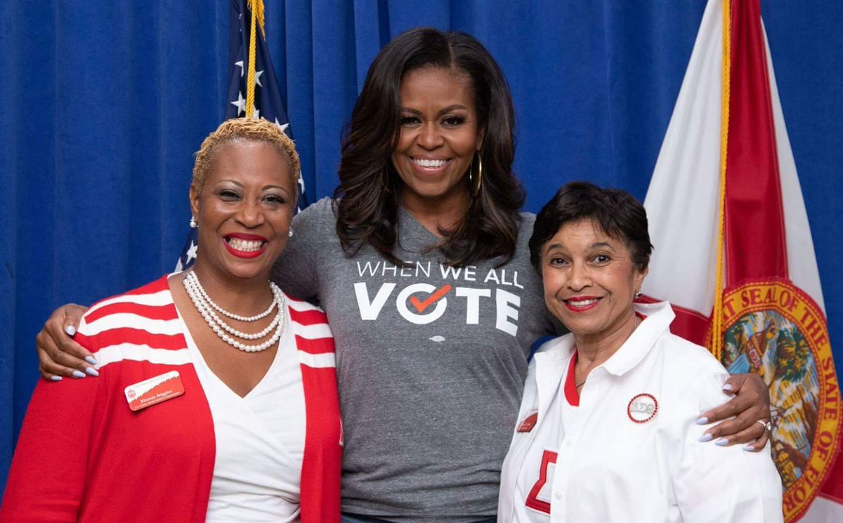 Former First Lady <a href="/MichelleObama/">Michelle Obama</a> met with DST National President and CEO Beverly E. Smith and Rhonda Briggins, Co-Chair of Delta's National Social Action Commission to discuss #WhenWeAllVote - a national, nonpartisan not-for-profit organization. #DeltasVote #DST1913