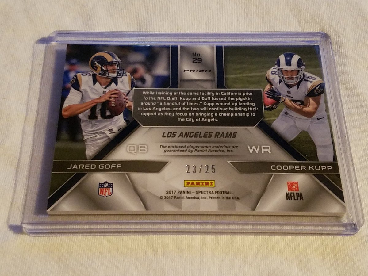 2 of my favorite pick ups from last week! Cooper Kupp and Josh Reynolds Dual RPA 20/20  and Jared Goff and Cooper Kupp Dual Patch 23/25. Both from #PaniniSpectra #LARams #TheHobby #SKUMBAGJEDI