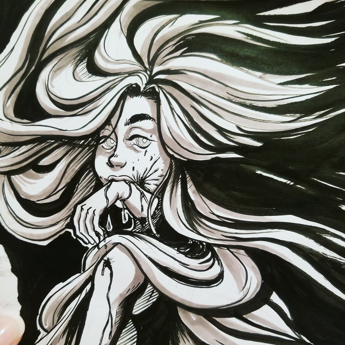 Skyskipper002's tweet photo. Ehhhh ink was not my friend today. Day 5- Blood Sucker! @drawtober #drawtober2018 #bloodsucker #skyskipper002 #hair #teeth #hand #vampire #hurp #ink #pen #roundrock #tx https://t.co/N4sA9KSkRo