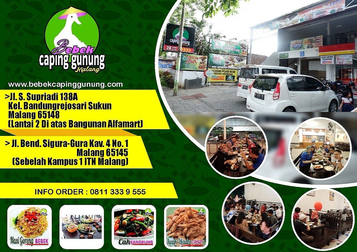 SWTani2's tweet image. Warung Bebek Caping Gunung 
1. Jl. S. Supriadi 138 A, Sukun-Malang. Dekat Universitas Kanjuruhan Malang.
2. Jl. Bend. Sigura-Gura Kav. 4 No. 1 Malang. (Sebelahnya Kampus 1 ITN Malang)
Free Ongkir Malang 
Info Order : 0341 560278
WA/SMS : 08113339555
W: bebekcapinggunung.com