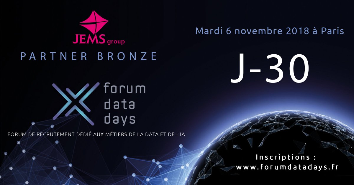 jemsgroup's tweet image. [EVENT] J-30
@jemsgroup sera présent au #ForumDataDays le mardi 6 novembre prochain! 
Retrouvez notre entreprise sur : jobs.forumdatadays.fr
#Recrutement #Métiers #Data #IA