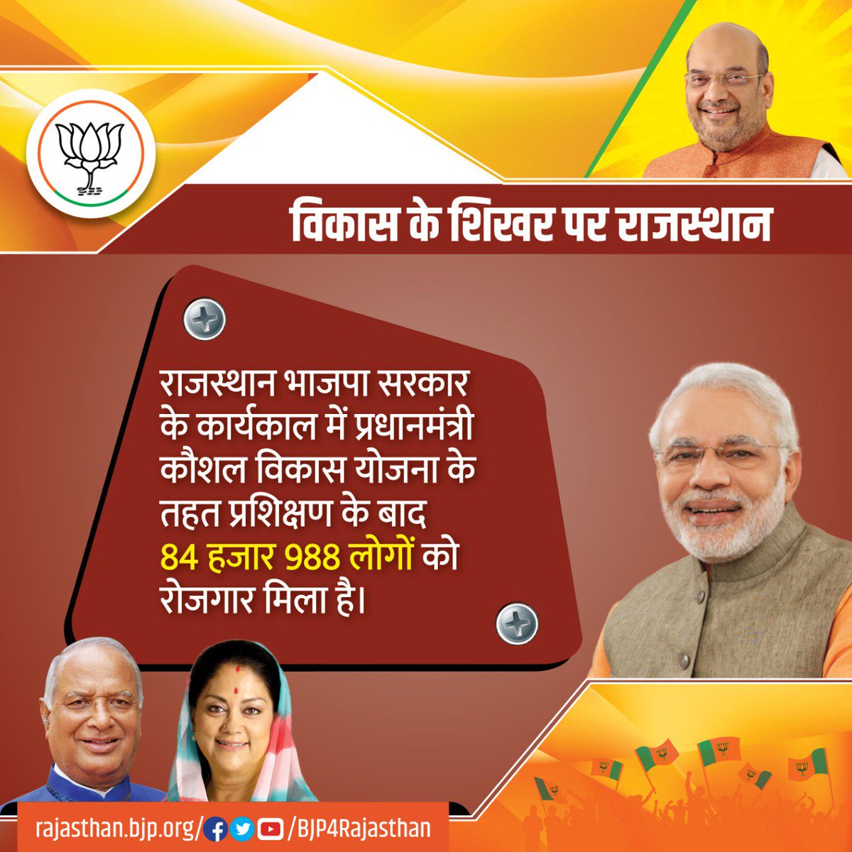 BJP4Rajasthan's tweet photo. राजस्थान भाजपा सरकार के कार्यकाल में प्रधानमंत्री कौशल विकास योजना के तहत प्रशिक्षण के बाद 84 हजार 988 लोगों को रोजगार मिला है। 
#VijaySankalpWithPM https://t.co/JNAlmKt74K