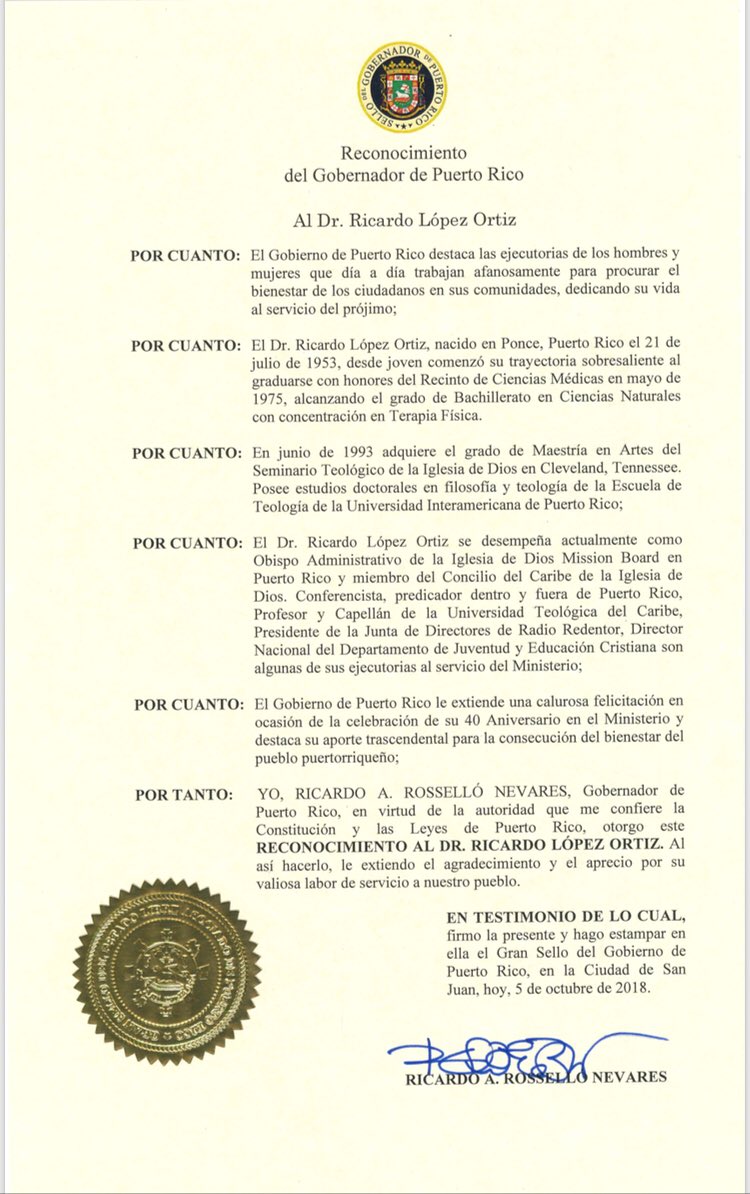 cmcolon51's tweet photo. En Manatí, entregando la Proclama del Gobernador Rosselló, al Obispo Richard López, Administrador de las Iglesias de Dios MB, en sus 40 años de Ministerio! Gran prédica del Dr. Thomas Propes, Orador Invitado, desde Cleveland, TN!! Gracias a Lourdes y fam x acompañarnos  #TSBF https://t.co/v0fjkm6s4B