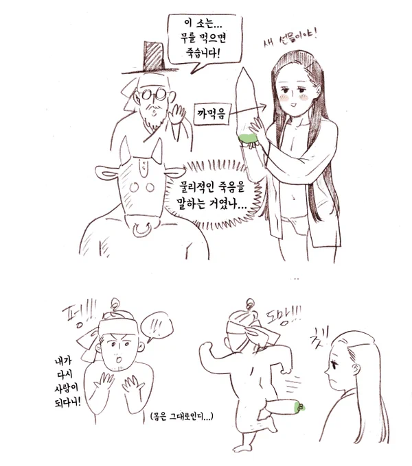 게으름뱅이는 무를먹고 다시 사람이돼서...부지런하게 살았다고합니다... 