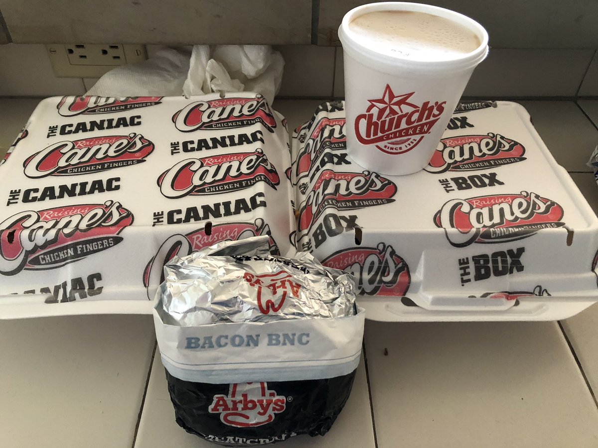 Lil_Koop's tweet photo. When your husband brings you back all your favorite food because there isn’t any near you. 😍 @Arbys  @Raising_Canes @ChurchsChicken https://t.co/LlYCozLIvR