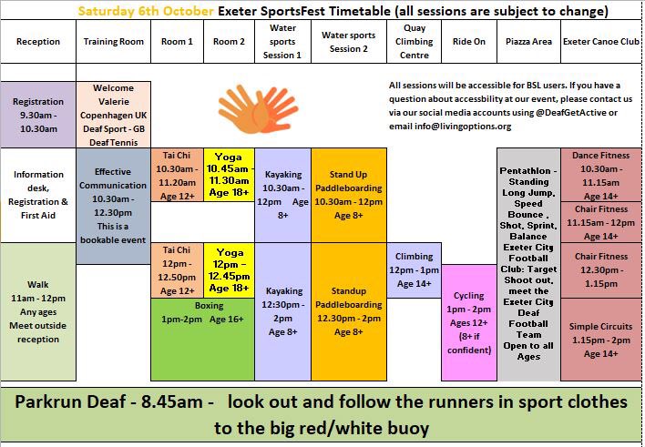 DeafGetActive's tweet photo. Itโs happening today! Our new timetable is ready & packed full of brilliant activities to try ๐ช๐ see you at #DeafTakeoverParkrun & #ExeterSportsFest! #SaturdayMorning #SaturdayMotivation #parkrun https://t.co/kYQ4myExLY