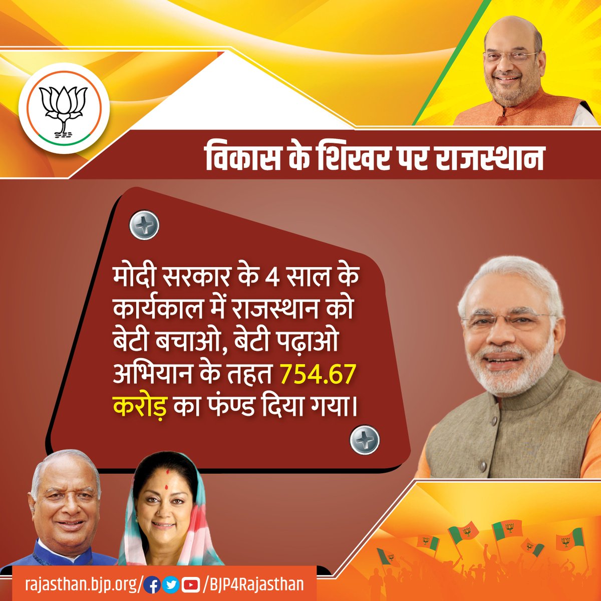 BJP4Rajasthan's tweet photo. मोदी सरकार के 4 साल के कार्यकाल में राजस्थान को बेटी बचाओ, बेटी पढ़ाओ अभियान के तहत 754.67 करोड़ का फंड दिया गया।
#VijaySankalpWithPM https://t.co/dJNMDfPAAN