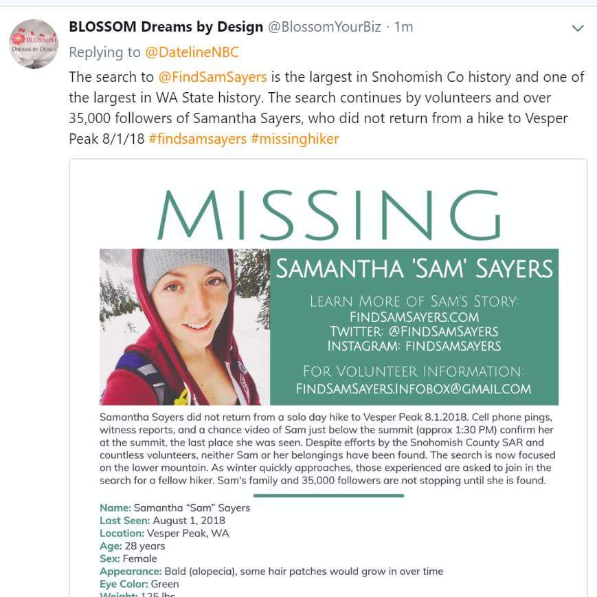 Cat_OutL0ud's tweet photo. @DatelineNBC #findsamsayers over 60 days of meticulously searching vesper peak and reaching no new clues. Let's shine light on this and find out what really happened to Samantha Sayers. https://t.co/S2ZlHuAJrR