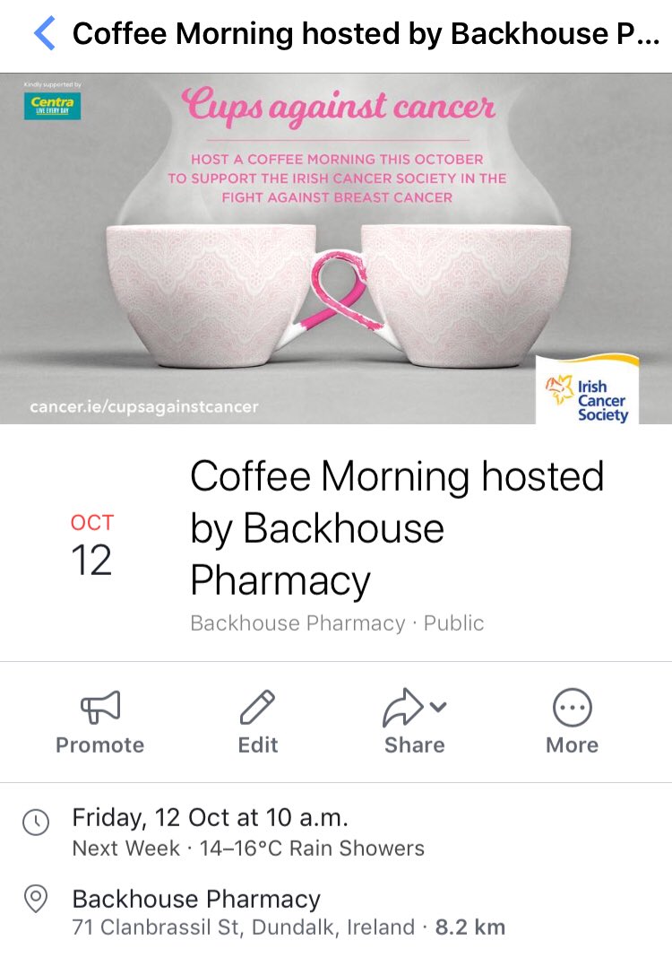 12 women EveryDay in Ireland are diagnosed with Breast Cancer?Join us for coffee and support <a href="/IrishCancerSoc/">Irish Cancer Society</a> #LouthChat #cupsagainstcancer