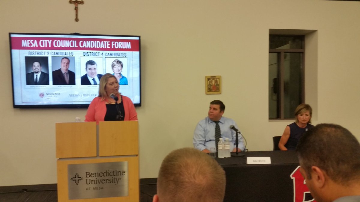 JacobBrownAZ's tweet photo. Thanks to @BenUMesa for hosting us last night at the city council debate. It was especially fun for me since I teach there. Discussed many topics for our community including housing, business development, public safety, and finances. I love Mesa, but we can do better. https://t.co/f1SCfiznLz