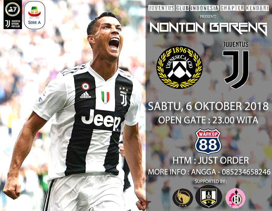 #NobarSerieA Gio 8 <a href="/JCI_Kendari/">Juventini Kendari</a> | ' Udinese vs JUVENTUS FC ' | sabtu 6/10/18 | @Warkop 88 | ' OpenGate 23:00 Wita ' | HTM sesuai pesanan langsung bayar| DC All about Juventus | 
CP 082292915291 (Fiqra).

Ayo ramaikan...

#NoiVogliamoQuestaVittoria
#FinoAllaFine 
#ForzaJuventus