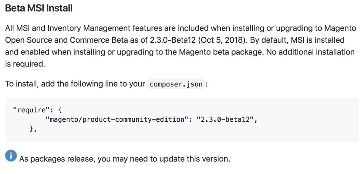 Incredible news, Magento folks!
With the released #Magento2.3.0-Beta12 #Magento composer package today, #MagentoMSI will be installed as a Core Bundled Extension (CBE). All documentation updated for your installs! github.com/magento-engcom…