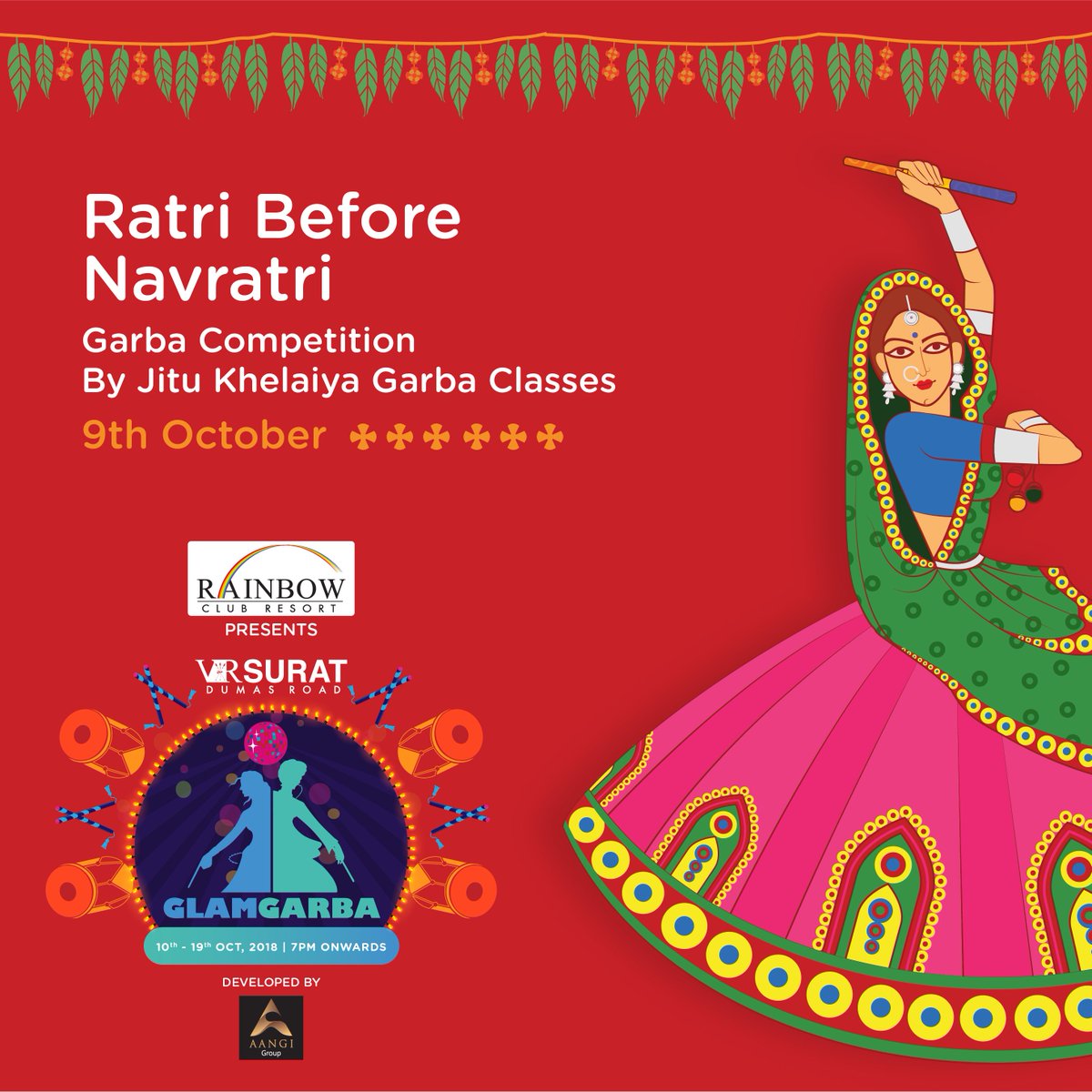 VRSurat's tweet photo. Warm up for #GlamGarba2018 as we bring to you, a vibrant #GarbaCompetition organised by Jitu Khelaiya Garba Classes, ’Ratri Before Navratri’. Come over to #VRSurat on the 9th October, 7pm onwards to witness a spectacular show.
To register: https://t.co/ugRj8dRv7R https://t.co/fireLLs5ca