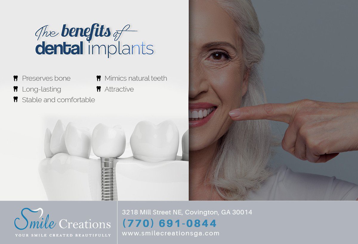 SmleCreationsPC's tweet photo. You can experience all these benefits and more when you restore your smile with dental implants. Ask us about dental implants today by calling (770) 691-0844. #dentalimplants #OralHealth #Dentist https://t.co/JAId3wW5xo