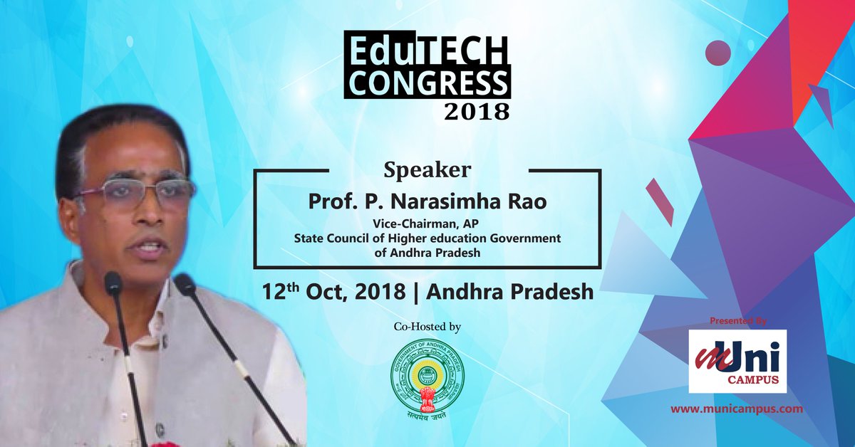 municampus's tweet photo. Glad to announce Prof. P Narasimha Rao, Vice-Chairman, AP State Council of Higher education Government of Andhra Pradesh, as one of the esteemed speakers of #EdutechCongress2018, to be held in Andhra Pradesh.

Click to register: https://t.co/1yBYfcMUys

#Education #Technology https://t.co/obA7tEGwba