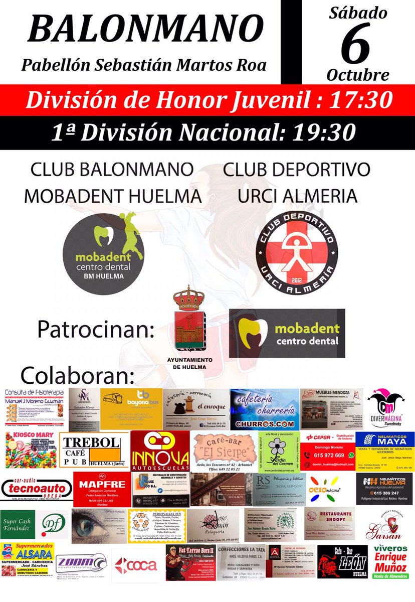mobadent's tweet photo. 📣📣 HOY JUGAMOS 📣📣¿Qué haces esta tarde? 🤔
Vente a animar a nuestros equipos del Centro Dental Mobadent BM Huelma en su primer partido en casa. 🤾‍♀️💪 #Mobadent #Mobadentconeldeporte #balonmano #balonmanomobadent #balonmanohuelma #deporte https://t.co/nAebscuLLH
