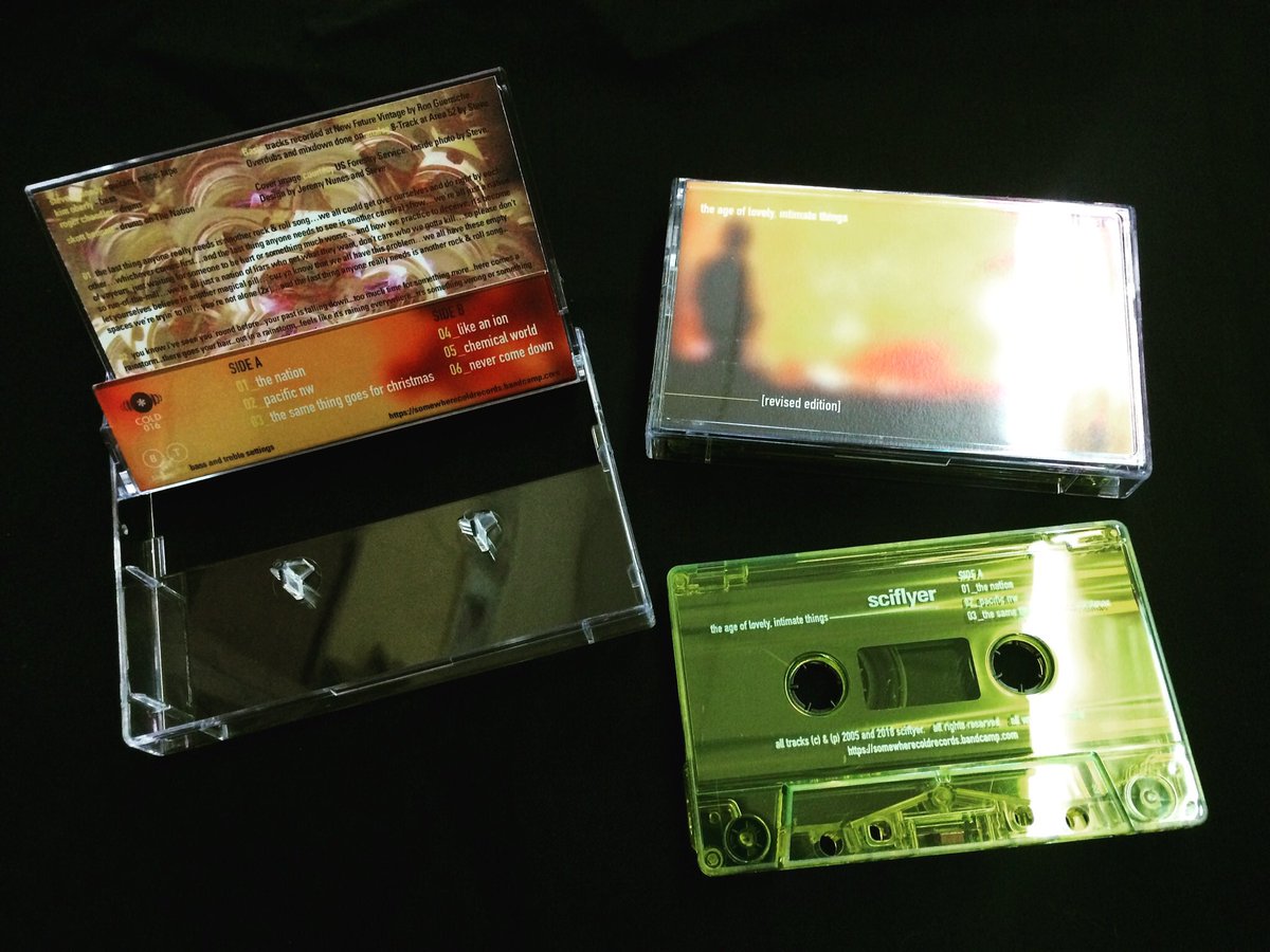 SciflyerBand's tweet photo. Oh hey, these came out in August. Time is an illusion anyway... #sciflyer #somewherecoldrecords #shoegaze #indierock #cassettes #reissue https://t.co/yFlMH6Qe13