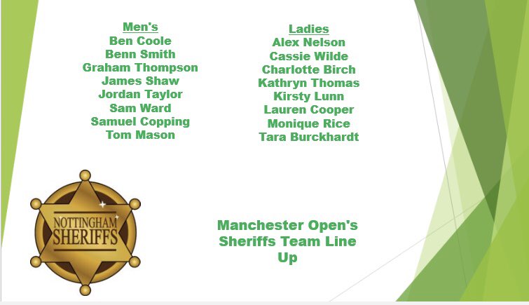 Buzz Buzz Buzz!! We are heading into the Bee Hive for today’s Manchester Open and the Sheriffs are raring to go!! 

Here is the team line up for both our Men’s and Ladies’ team. We have a few new faces donning the badge for us, we wish them the best of luck. 

#Sheriffs