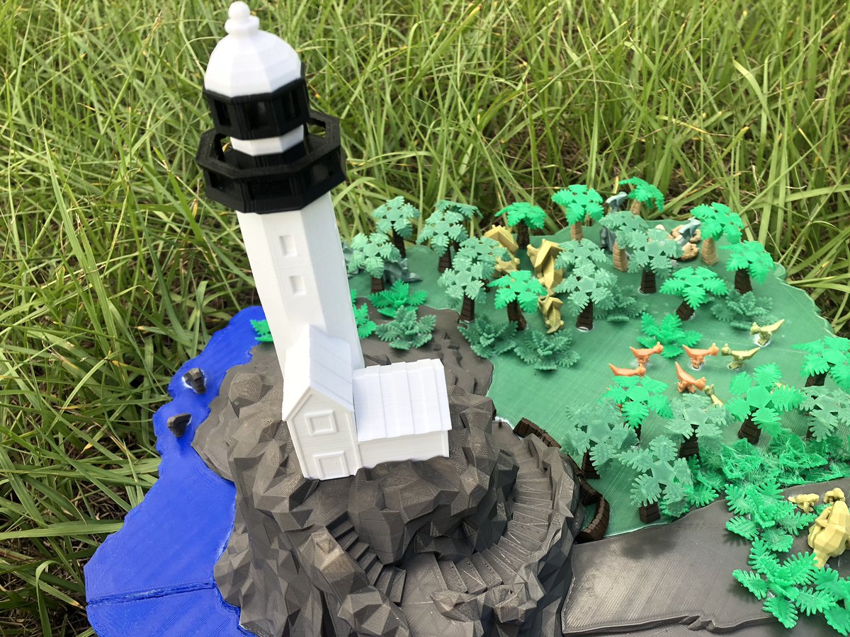 AlkeshOne's tweet photo. My diorama is done. I present you the lighthouse from isla lowpoly, one of the lesser known islands from Jurassic park. Official Entry into #communityprintoff2 #CPO02 this has been a tremendous undertaking that I would happily do again. Thank you for viewing. 1/6 https://t.co/8eB9xKFOpR