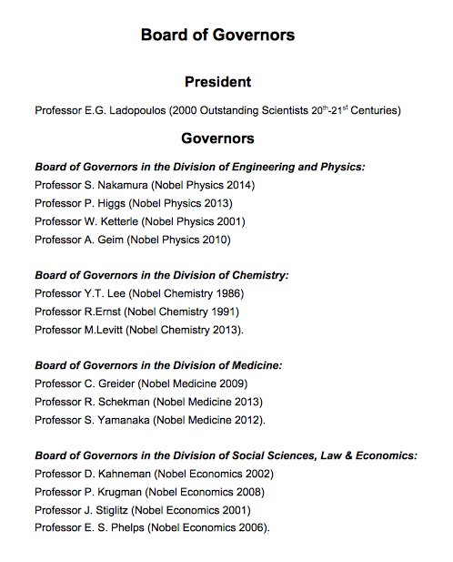 But then look at the star-studded cast on its board -- ALL Nobel prize winners. Must be awesome right? But who is their fearless leader, Evangelos Ladopoulos, and why have I never heard of him before? Who is this masked man???