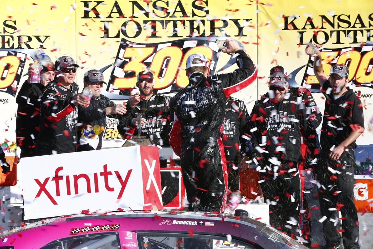 #KSL300 @JHNemechek celebrates his first career @NASCAR_Xfinity win with his No. 42 team @kansasspeedway #NASCAR
