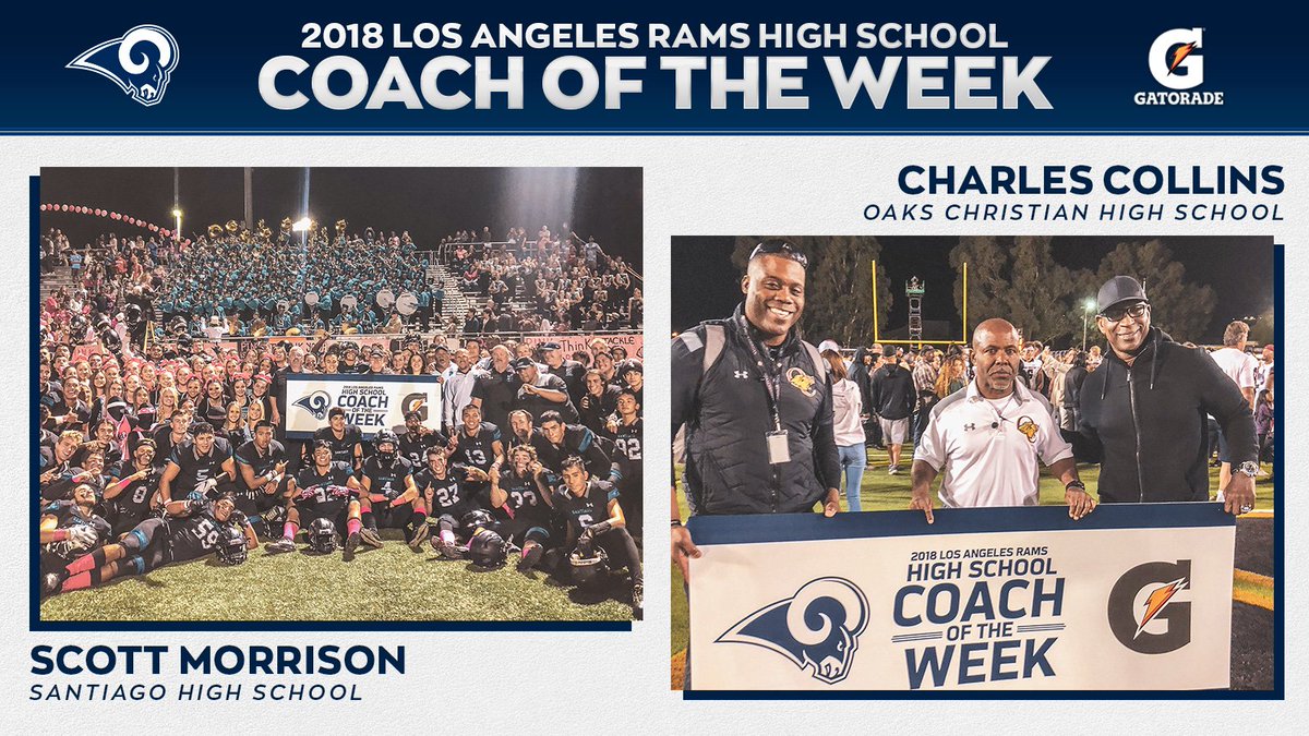 Los Angeles Rams (@ramsnfl) on Twitter photo Congratulations to #LARams High School Coaches of the Week Scott Morrison from <a href="/SantiagoSharks/">Santiago High School</a> + Charles Collins from <a href="/OaksChristian/">OaksChristianSchool</a>! Congratulations to #LARams High School Coaches of the Week Scott Morrison from <a href="/SantiagoSharks/">Santiago High School</a> + Charles Collins from <a href="/OaksChristian/">OaksChristianSchool</a>!