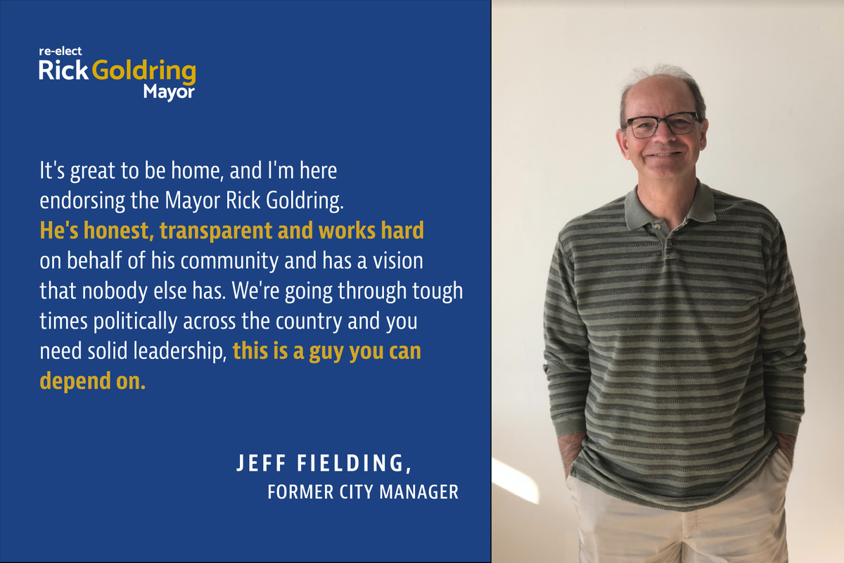 RickGoldring's tweet photo. "He's honest, transparent and works hard on behalf of his community". Read the endorsement below to see more of why Jeff Fielding, Past City Manager is supporting my re-election campaign! #ImWithRick https://t.co/l0VUFlEGGE