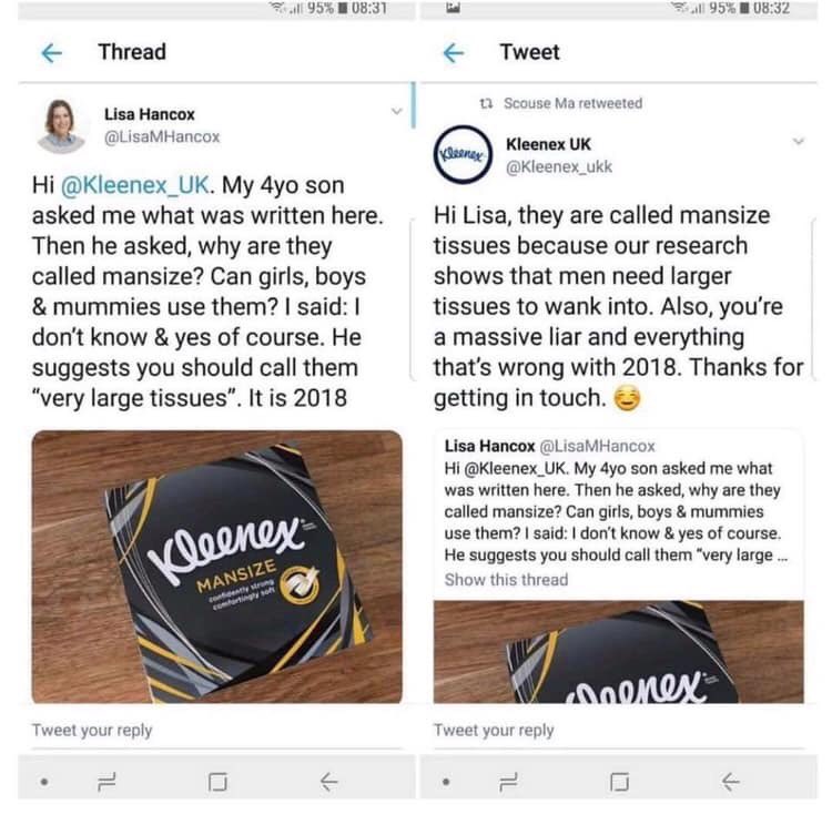 Herccrew3's tweet photo. What Kleenex should have said https://t.co/a7OrKY72Sg