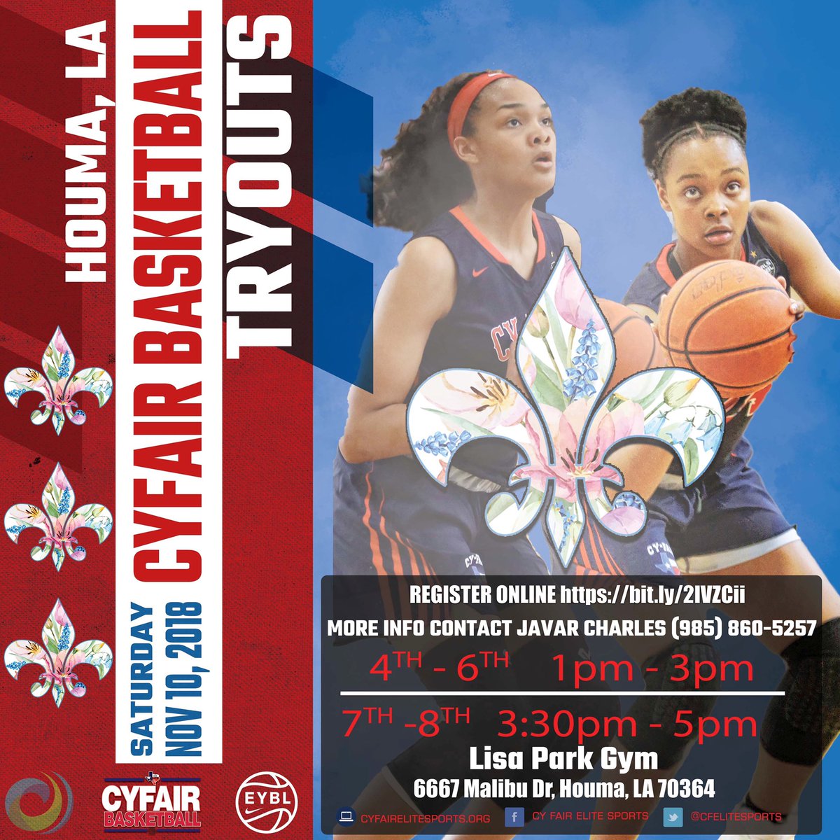 CyFair Elite Sports (@cfelitesports) on Twitter photo LOUSIANA GIRLS TRYOUTS‼️
When:
Saturday, November 10th
Who:
4th - 6th 1-3pm
6th - 8th 3:30-5pm
Where:
Lisa Park Gym
6667 Malibu Dr
Houma, LA 70364
Please register for this event:
bit.ly/2IVZCii
For more information email: cyfairelitesports@gmail.com LOUSIANA GIRLS TRYOUTS‼️
When:
Saturday, November 10th
Who:
4th - 6th 1-3pm
6th - 8th 3:30-5pm
Where:
Lisa Park Gym
6667 Malibu Dr
Houma, LA 70364
Please register for this event:
bit.ly/2IVZCii
For more information email: cyfairelitesports@gmail.com