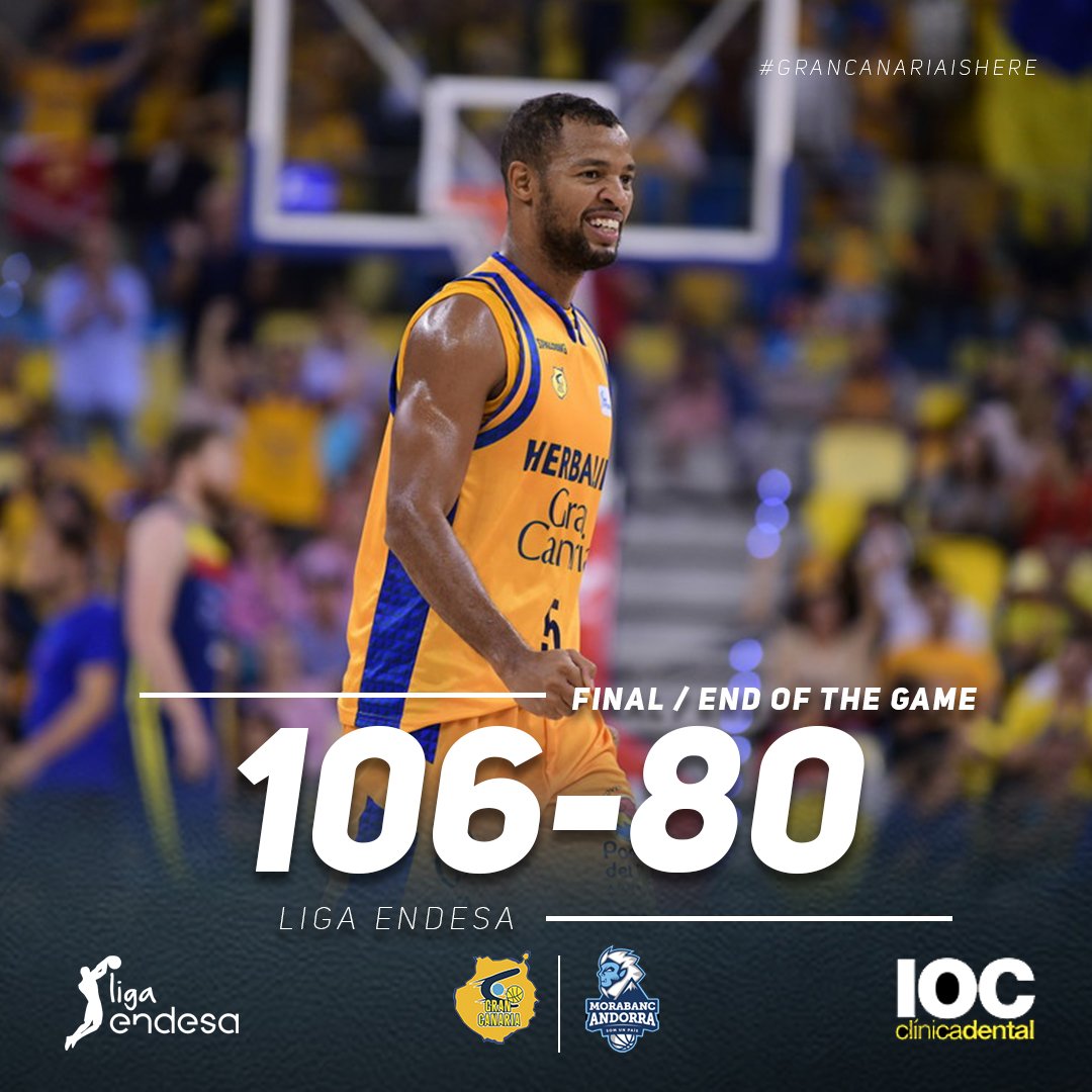 GranCanariaCB's tweet photo. 🏀 Final: Herbalife Gran Canaria 106-80 @MoraBancAndorra.
 
¡Contundente victoria! Dominamos de inicio a fin y firmamos un partido muy completo. ¡Seguimos haciéndonos fuerte en casa!

#VamosGranca
#GranCanariaIsHere 🔥 https://t.co/BWbx2f4fPu