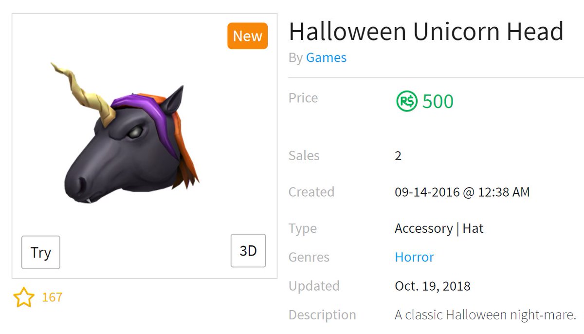 Bloxy News On Twitter Bloxynews The Halloween Unicorn Head Is The First Item In Years To Be Owned By The Games Account Instead Of The Roblox Account Https T Co N7i6nu60aq Roblox Https T Co R5i8c5coux - roblox unicorn head