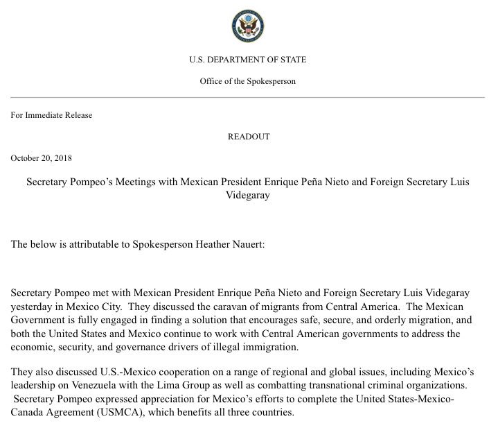 Readout: Secretary Pompeo’s Meetings with Mexican President Enrique Peña Nieto and Foreign Secretary Luis Videgaray