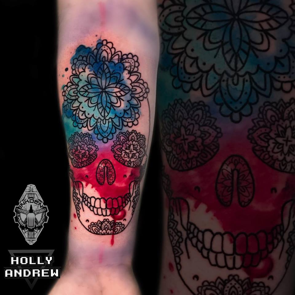 Water Color Sugar Skull Tattoo